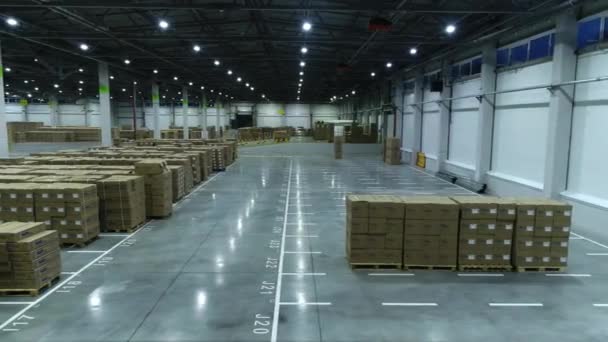 Caixas de papelão com mercadorias em salão de armazém iluminado — Vídeo de Stock