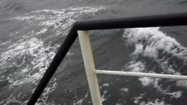 Okyanus dalgaları geminin pruvasının altında sabit bir ritm içinde dönüyor. Deniz köpükleri gövdeye şiddetli bir şekilde çarpar ve yağmurda gümüş yansımalar yaratır.