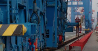 Limanlar arasındaki devasa vinç manevraları konteynırları büyük zarafetle hareket ettiriyor. Metalik simetri, soluk deniz ışığı altında parlar