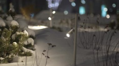 Küçük bahçe feneri karla kaplı çalılar arasında keskin bir ışın yayar. Parlak ışık, kışın karanlığını aydınlatarak karları aydınlatıyor.