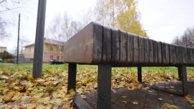 Basit ahşap bank yaprak kaplı zeminde duruyor. Ilık sonbahar renkleri sessiz dinlenme yerinin etrafını sarar. Sonbahar parkı dökülen yapraklarla dolu