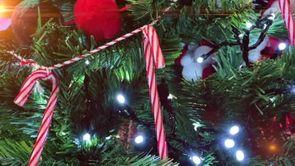 Christmas Tree Decorations with candy canes and flashing garlands. New year and Christmas decorations — Stock Footage Christmas Tree Decorations Candy Canes Flashing Garlands New Year Christmas Stock Footage