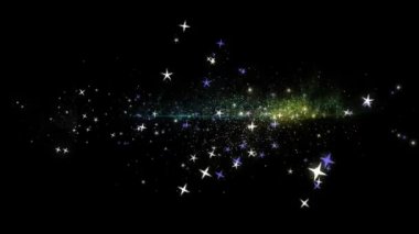 Siyah zemin üzerinde parlak ışık bulunan parlak renkli kar taneleri. Sihirli Noel ışıltısı