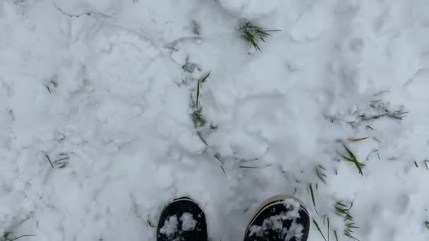 Vista Detalhes Sobre Pernas Masculinas Botas Inverno Andando Neve Close — Vídeo de Stock