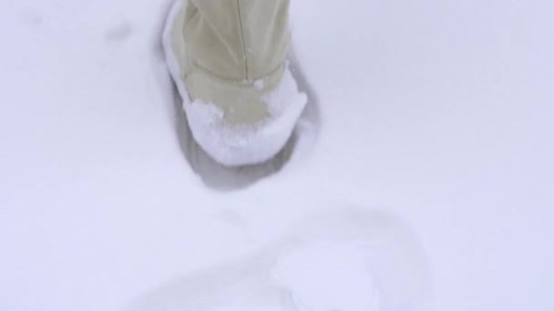 Pernas Turista Botas Neve Brancas Andando Neve Com Pegadas Dia — Vídeo de Stock
