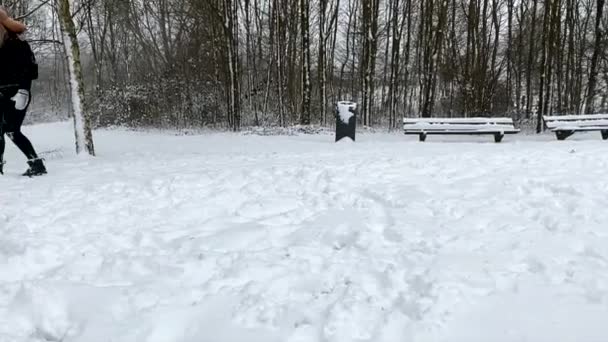 Ευτυχισμένη Οικογένεια Που Διασκεδάζει Παίζοντας Χιόνι Μια Ηλιόλουστη Μέρα Του — Αρχείο Βίντεο