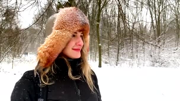 陽気な女の子は雪の公園を歩く上で新鮮な冬の空気を呼吸 — ストック動画