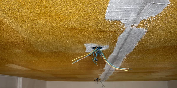 Opened Junction Box Wires Ceiling Yellow Primer Renovation Concept Selective — Stock Photo, Image