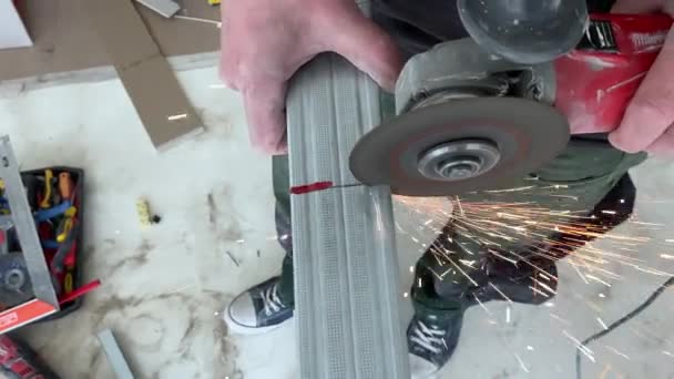 Professional Builder Worker Cutting Metal Profile Cutting Metal Profile Grinder — Stock Video