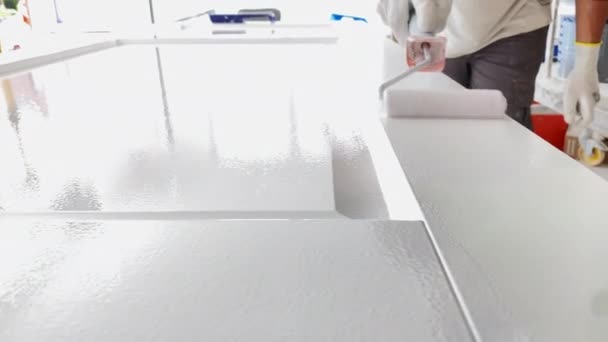 Painter Work Paints Wooden Door White Paint Paint Roller Professional — Stock Video