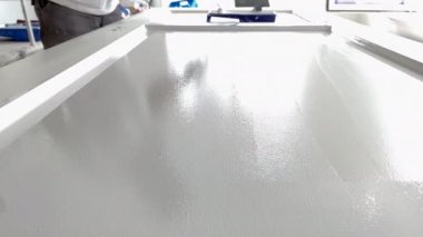 İşyerindeki ressam ahşap kapıyı beyaz boyayla boyuyor. Profesyonel resim hizmetleri