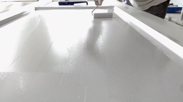 Pintor Trabajo Pinta Puerta Madera Con Pintura Blanca Con Rodillo — Vídeos de Stock