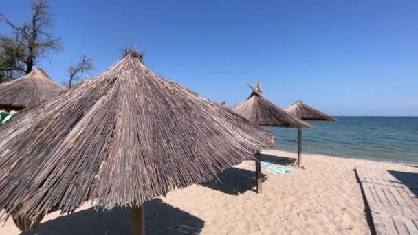 Chiudere Ombrelli Sulla Spiaggia Chiusa Vuota Durante Tempo Pandemico Coronavirus — Video Stock