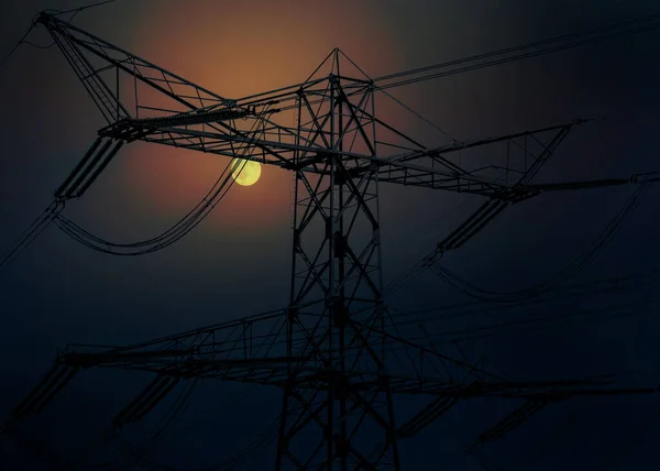 Pilones Electricidad Silueta Atardecer Líneas Alta Tensión —  Fotos de Stock