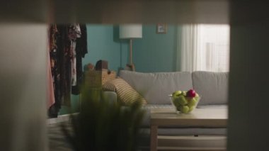 Kız telefonla odaya girer ve elmayı alır.