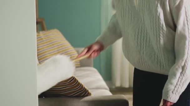 Jovem senhora em suéter branco limpa poeira de móveis. — Vídeo de Stock