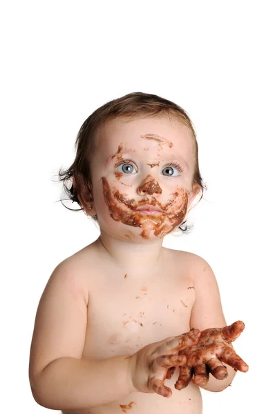 초콜릿을 먹는 즐기는 순간, 아기 — 스톡 사진