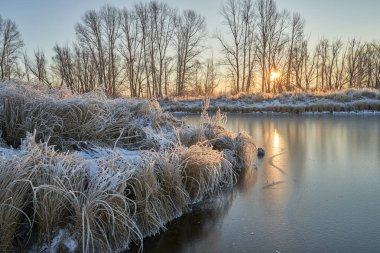 Kışın nefesi, göldeki ilk buz, buzlu bir sabahın şafağı çimenlerin üzerinde don, buzun yakın çekimi, ilk buzun üzerindeki desenler. Kış