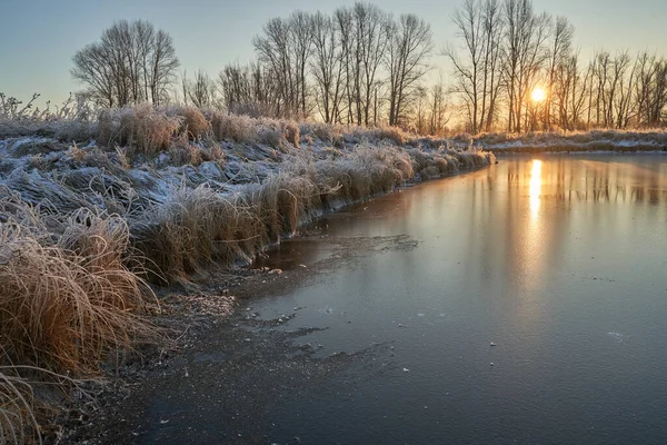 Respiro Inverno Primo Ghiaccio Sul Lago Alba Una Mattina Gelida — Foto Stock