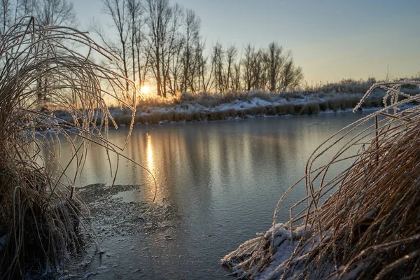 Respiração Inverno Primeiro Gelo Lago Amanhecer Uma Manhã Gelada Com — Fotografia de Stock