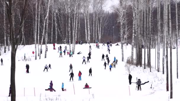 2021年1月5日 俄罗斯萨马拉 滑雪者骑在山坡上 冬天在山上 — 图库视频影像