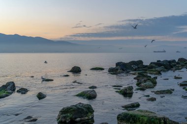 Sakin denizin üzerinde gün doğumu, bulutların arasından bulutların içine, sakin deniz manzarasına, denize doğru, turuncu ışık huzmeleri saçar..