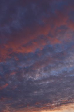 Gün batımında parlayan parlak ışık bulutlarıyla güzel bir akşam masmavi gökyüzü. Gün batımında sıcak bir yaz akşamı. Parlak gün batımı.
