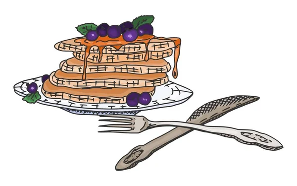 Pancakes Berries Syrup Plate Vector Doodle Sketch — Διανυσματικό Αρχείο