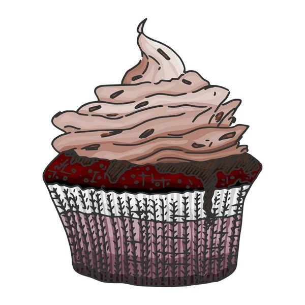 Muffin Cupcake Mit Buttercreme Darauf Vektor Doodle Skizze — Stockvektor