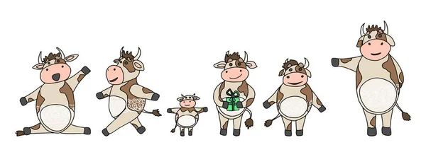 Divertido Doodle Vacas Diferentes Personajes Conjunto Tarjeta Postal Garabato — Vector de stock