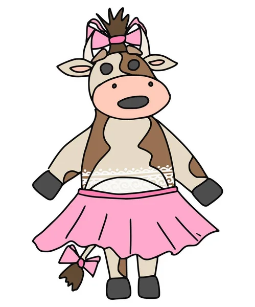 Krowa Dziewczyna Różowej Spódnicy Kokardą Głowie Wektor Doodle Ilustracja — Wektor stockowy