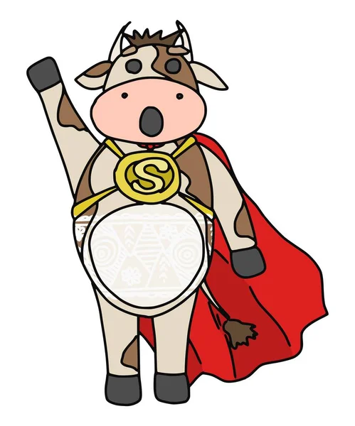 Divertido Superhéroe Toro Con Emblema Capa Roja Vector Doodle Ilustración — Vector de stock
