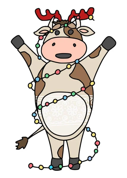 Toro Una Guirnalda Navidad Con Cuernos Juguete Cabeza Vector Doodle — Vector de stock