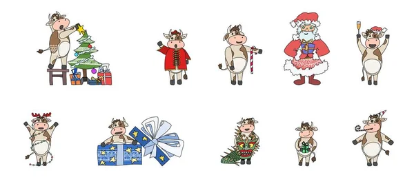 Collection Vaches Père Noël Pour Les Personnages Nouvelle Année Illustration — Image vectorielle