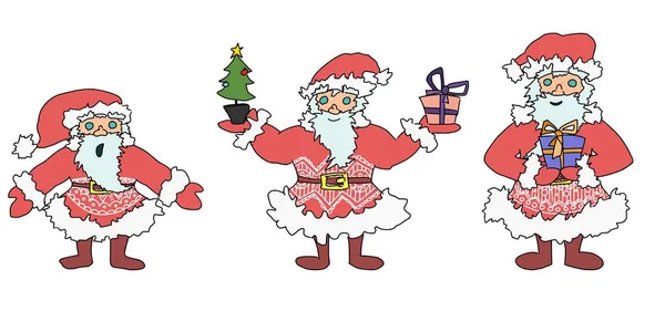 Enkla Santa Claus Tecken Olika Poser Vektor Klotter Illustration — Stock vektor