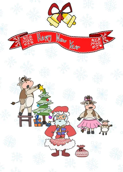 Grußkarte Frohes Neues Jahr Weihnachtsmann Und Kuh Auf Hellem Hintergrund — Stockvektor