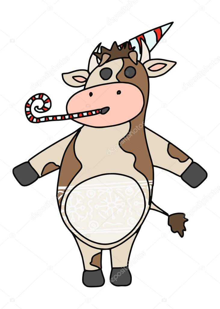 funny bull humorist with birthday hat. vector doodle illustration