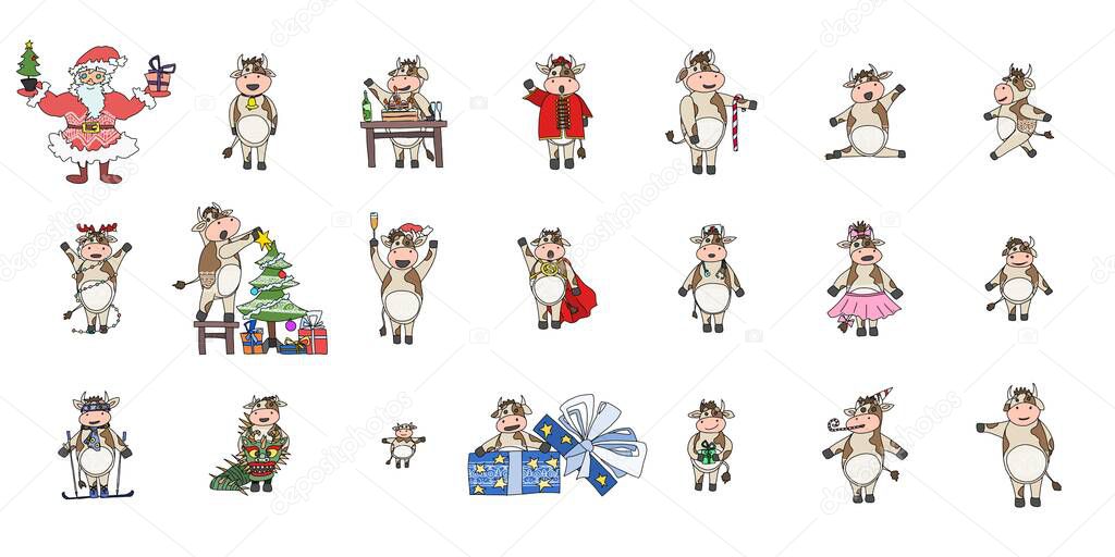 funny cows from the farm in fancy dress. vector doodle illustration