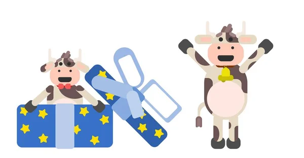 Dos vacas en estilo plano. En una caja con una mariposa — Vector de stock