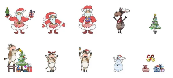 Papai Noel e vacas com touros personagens engraçados — Vetor de Stock