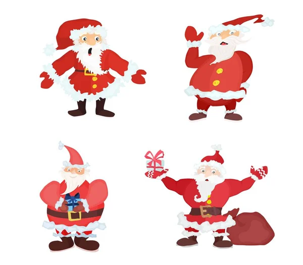 Diferentes Papai Noel Quatro Peças Personagens Brilhantes Vetor Estilo Plano — Vetor de Stock