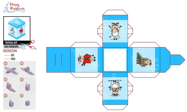 Festliche Box Mit Fröhlichen Weihnachtsbullen Vektor Doodle Kuh — Stockvektor