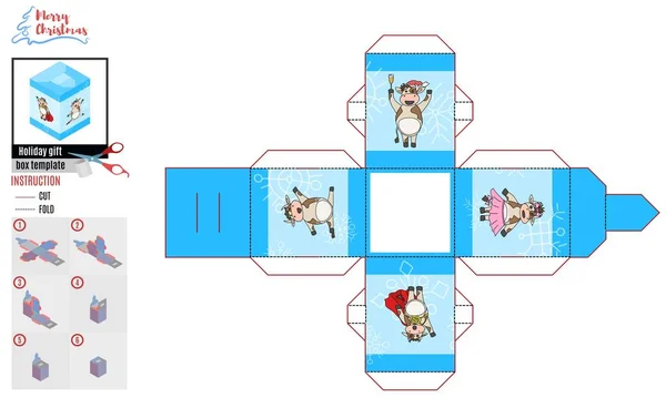 盒子模板与明亮有趣的奶牛 病媒涂鸦公牛 — 图库矢量图片