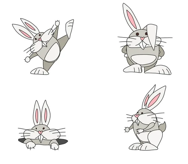 在不同情况下的一组有趣的兔子 涂鸦矢量草图 — 图库矢量图片