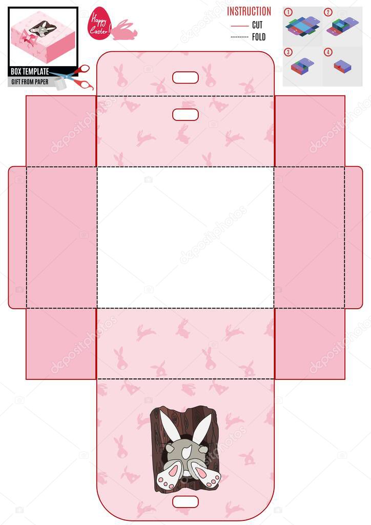 Easter pink box template. the hare climbs into the hollow. vector doodle sketch