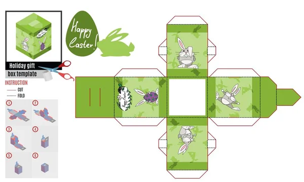 Scatola Quadrata Verde Modello Pasquale Conigli Divertenti Testardi Doodle Vettoriale — Vettoriale Stock