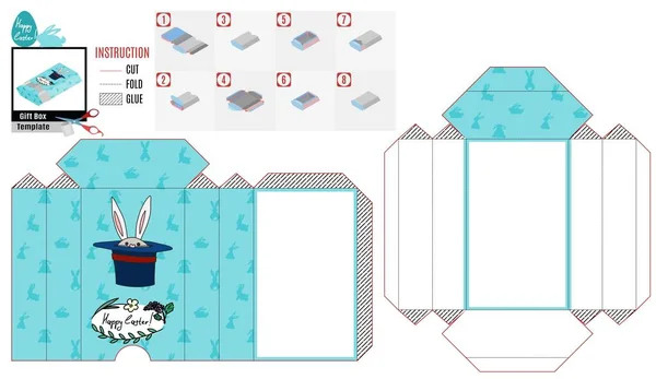 Schatullenvorlage Für Ostern Kaninchen Und Zauberhut Vektor Doodle — Stockvektor