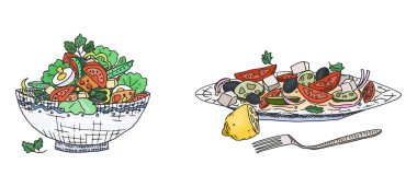 Tabakta Yunan ve sade salata. Zayıflatıcı yiyecekler. resim karalama