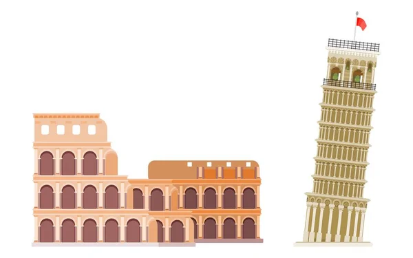 Italy Kolosseum Byggnad Och Lutande Torn Pisa Platt Stil Vektor — Stock vektor