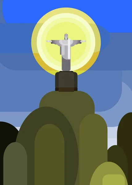 Cristo Estatua Rio Brasil Montaña Plano Estilo Vector Imagen Stock — Vector de stock